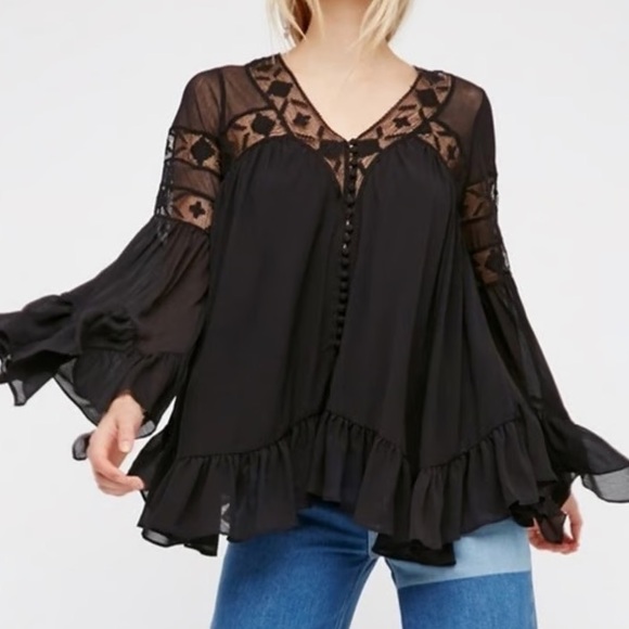 Free People Tops - Free People All Night Long Button Lace Tunic in black